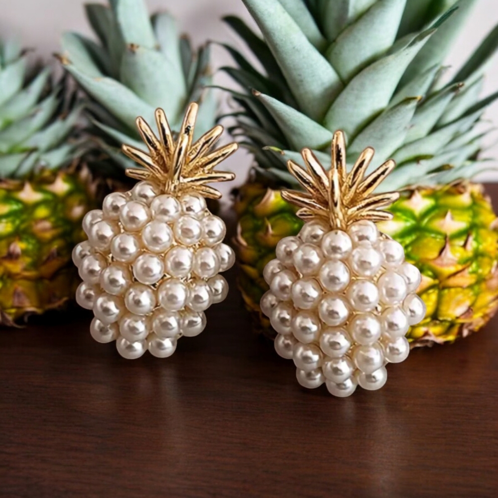 Elegant Gold and Pearl Petite Pineapple Stud Earrings